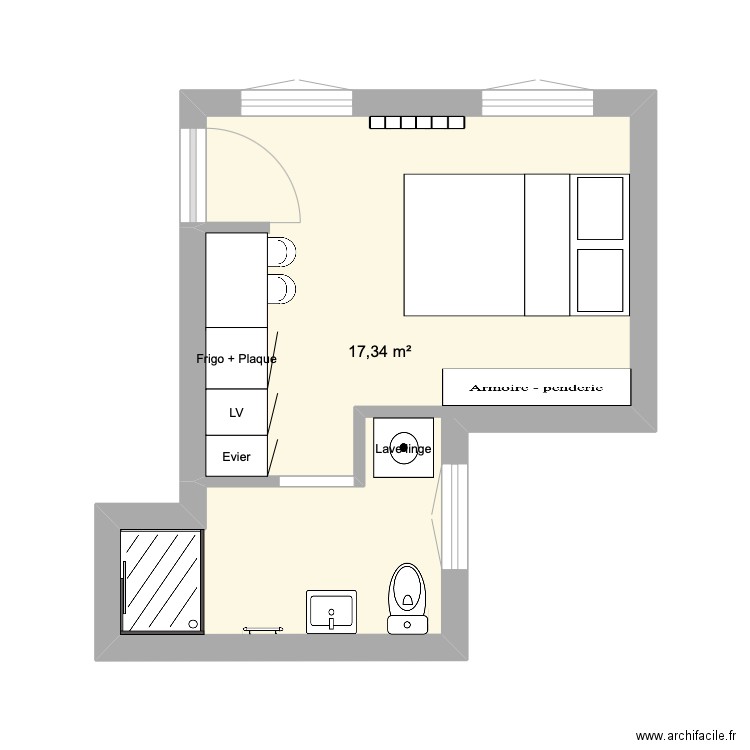 Plan de base Hugo Tassou V1. Plan de 1 pièce et 17 m2