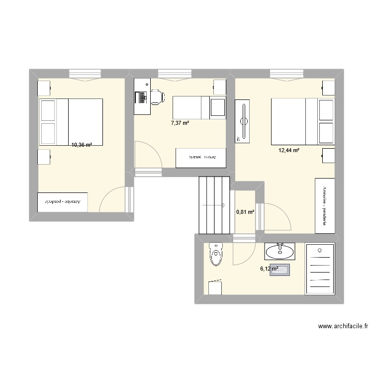 1er étage. Plan de 5 pièces et 37 m2