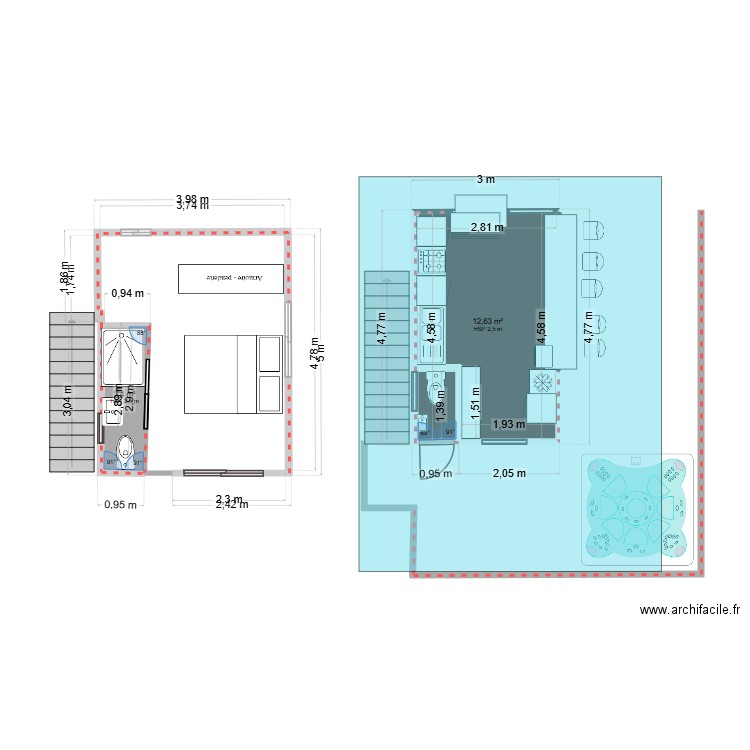 extension chateau Taboga bis. Plan de 2 pièces et 15 m2