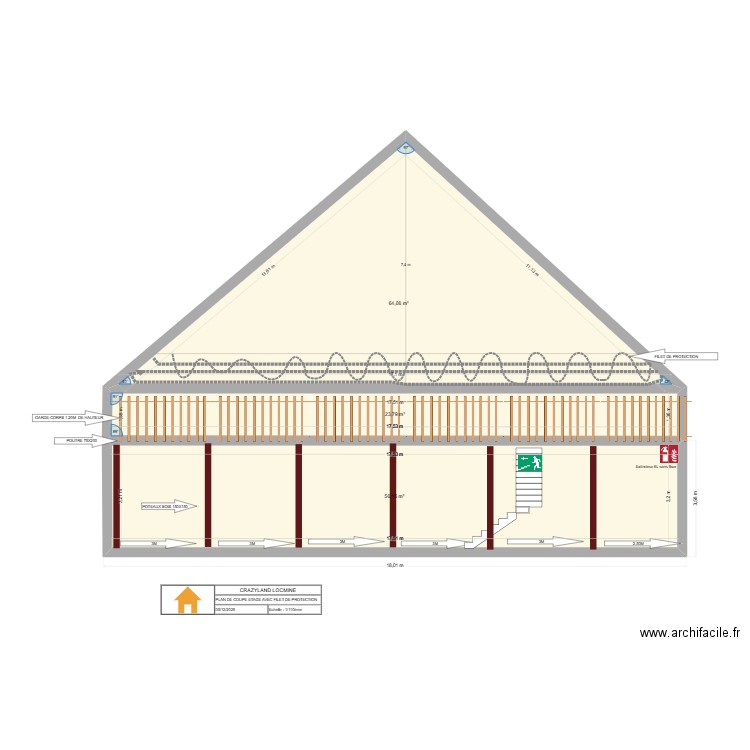 PLAN COUPE ETAGE AVEC FILET DE PROTECTION. Plan de 3 pièces et 144 m2
