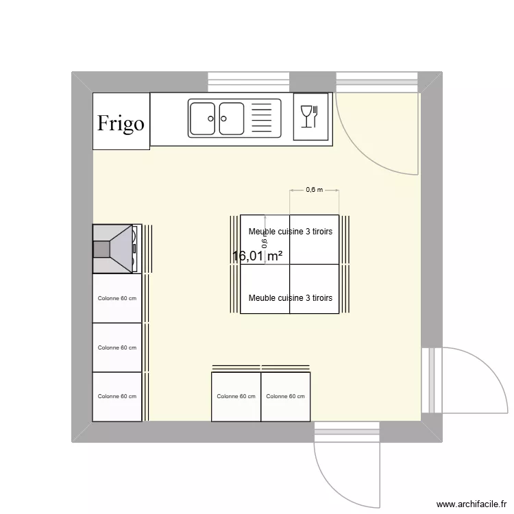 cuisine. Plan de 1  et 16 m²