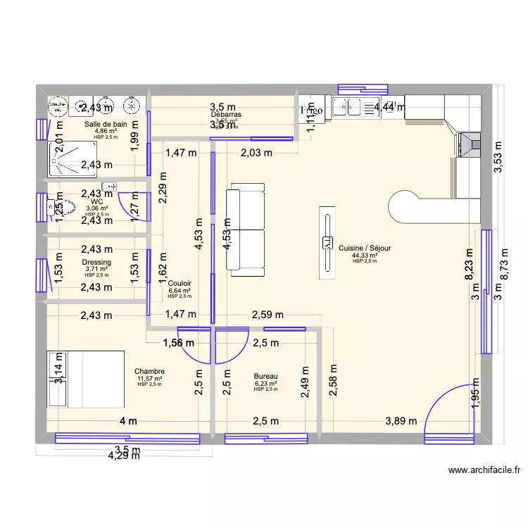 Ossature metallique 70m^2. Plan de 