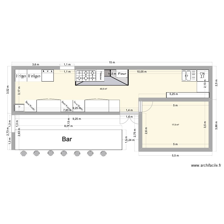 CUISINE PATIO. Plan de 2 pièces et 58 m2