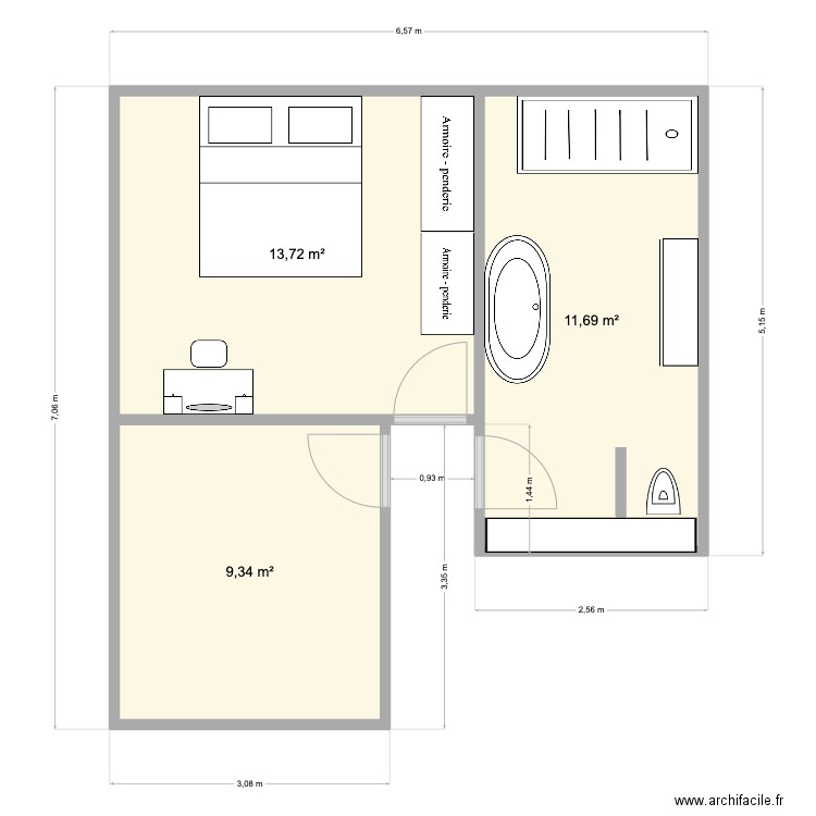 Etage Charlie. Plan de 3 pièces et 35 m2