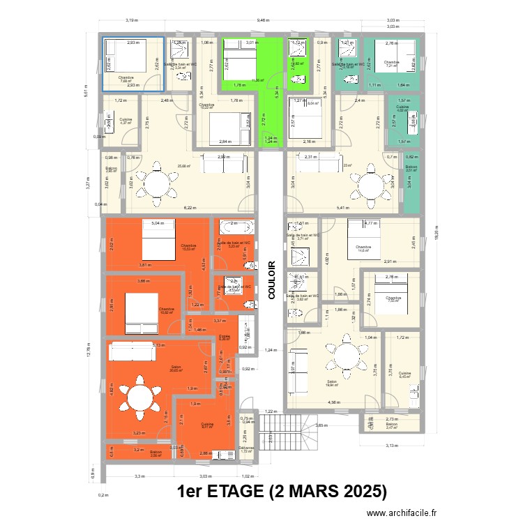 1ER ETAGE 2 MARS 2025. Plan de 30 pièces et 251 m2