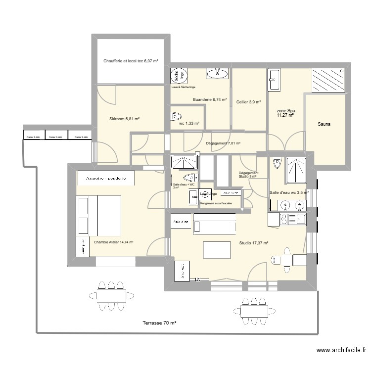 Projet 6 RDJ. Plan de 13 pièces et 69 m2
