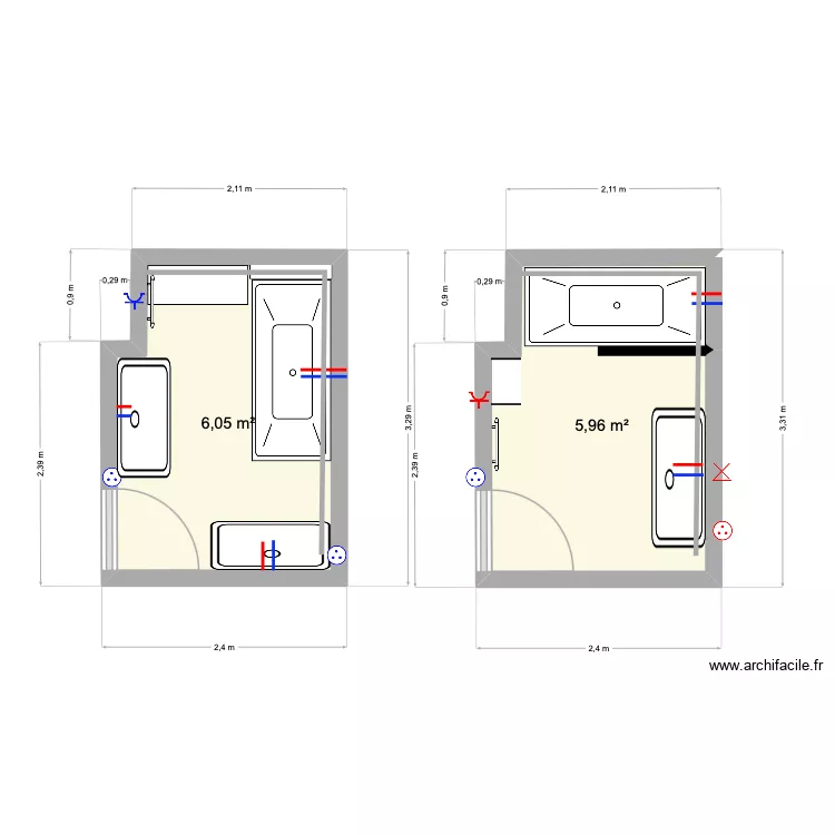 sdb. Plan de 2  et 12 m²
