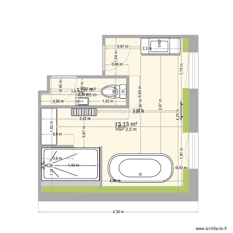 sdb pepette B. Plan de 2 pièces et 15 m2