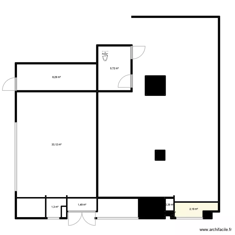 Plan avant travaux the cosy corner. Plan de 17  et 58 m²