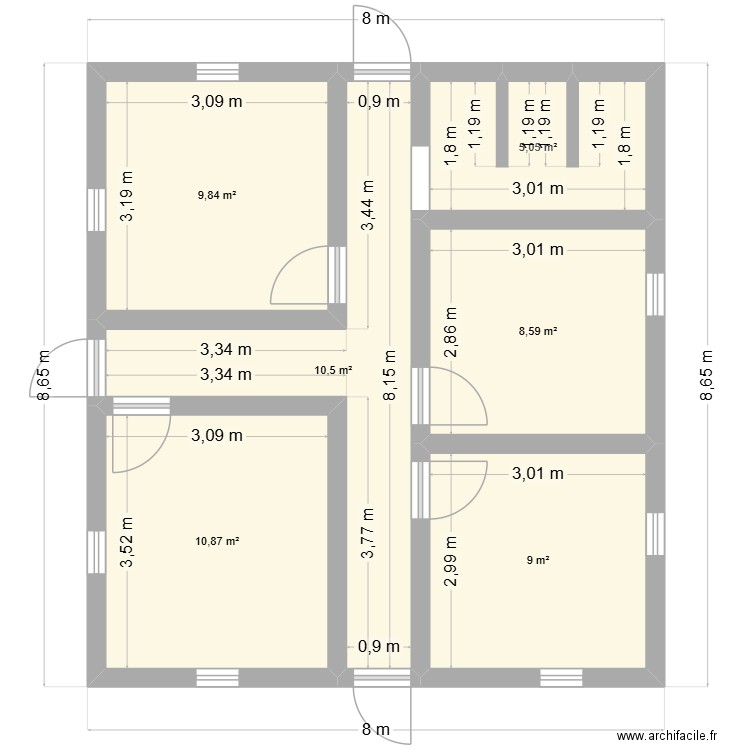 Plan maison Fiombonana 1. Plan de 6 pièces et 54 m2