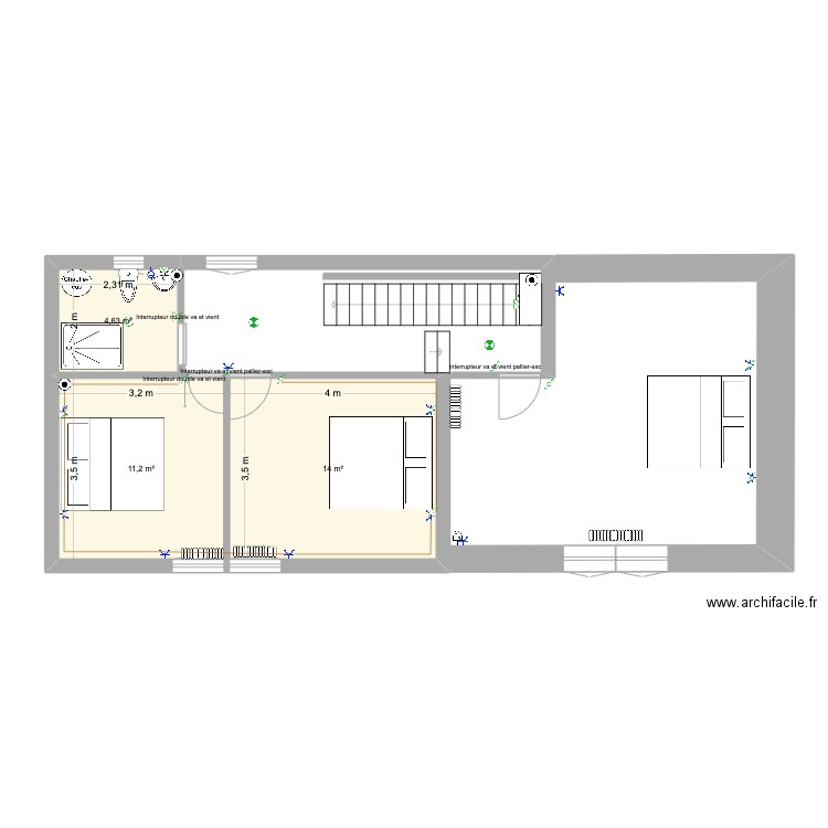 Etage. Plan de 3 pièces et 30 m2