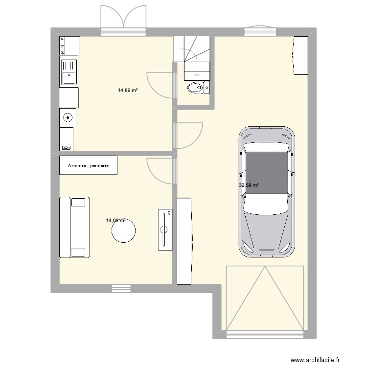 RDC. Plan de 3 pièces et 62 m2