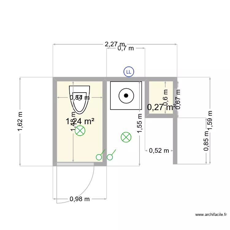wc et placard 2. Plan de 2 pièces et 2 m²