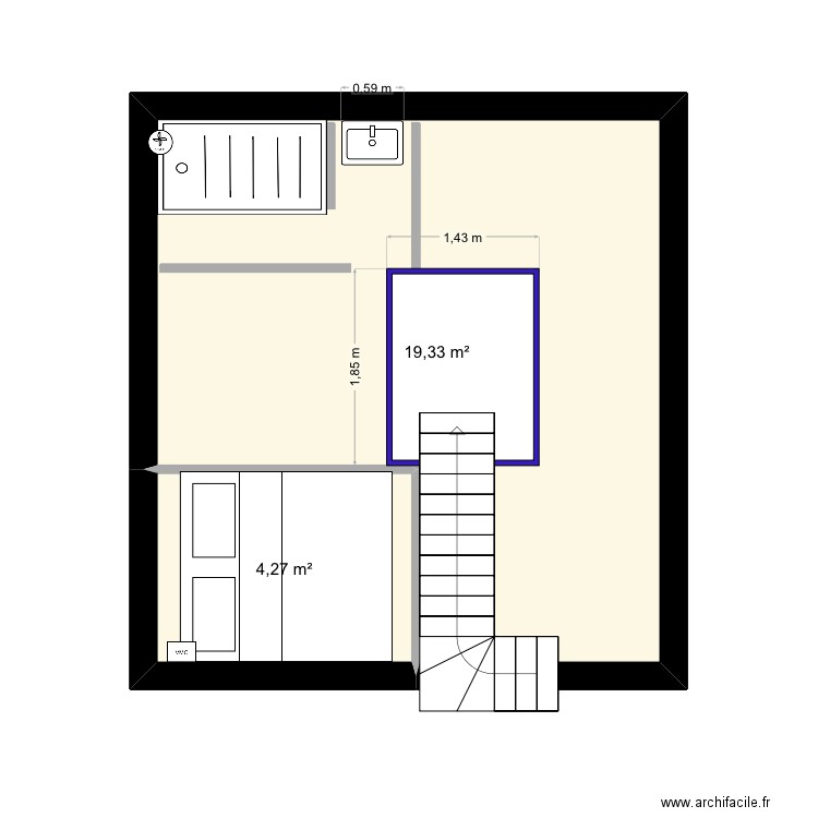 Étage gite jungle. Plan de 2 pièces et 24 m2