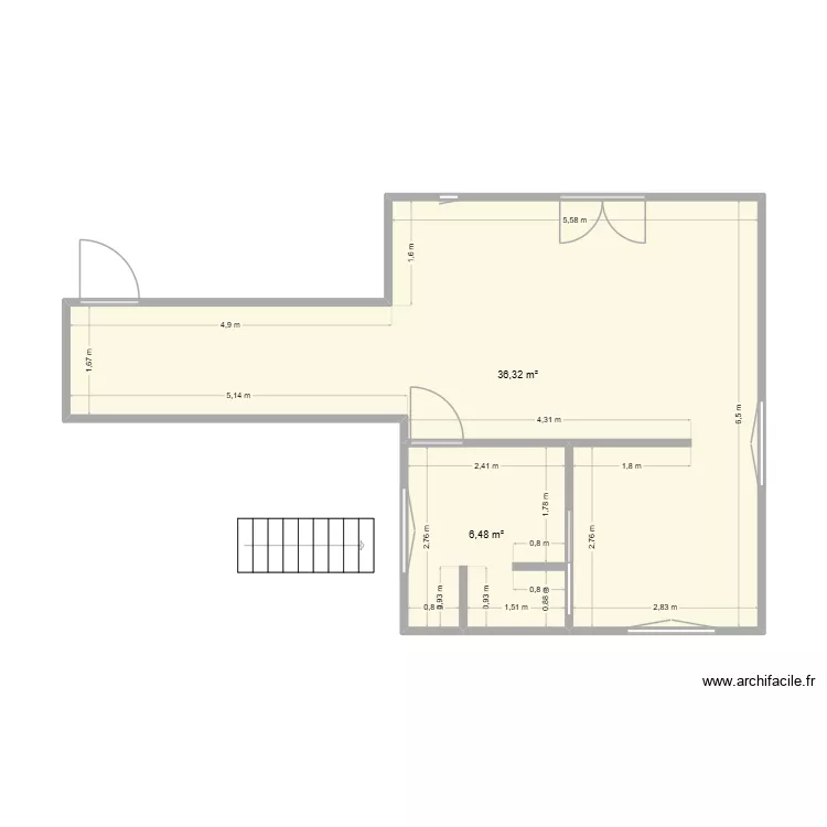 Extension vers chambre. Plan de 2 pièces et 43 m²