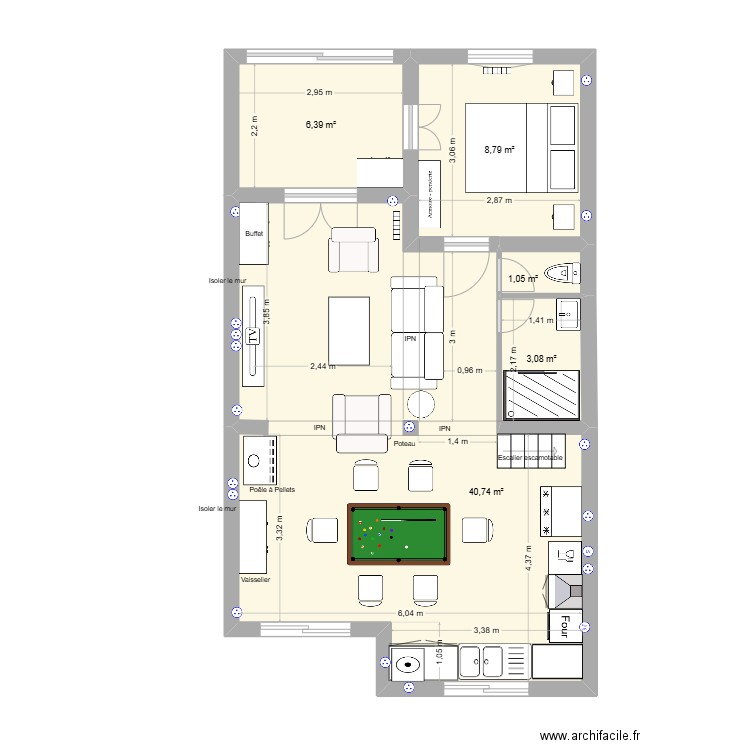 Garluche cuisine chambre escalier escamotable. Plan de 5 pièces et 60 m2