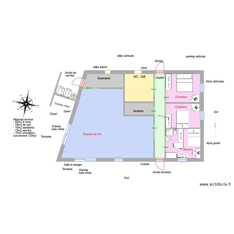 maison Eliane trapézoïdale 06. Plan de 8 pièces et 125 m2