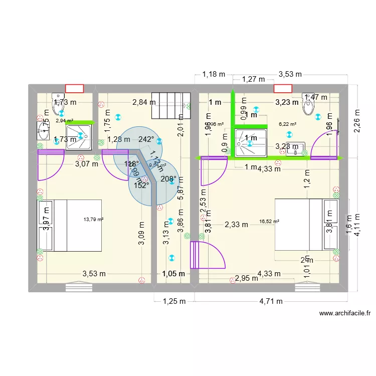 CHAMBRE DU FOND + SALLE DE BAIN. Plan de 6  et 51 m²