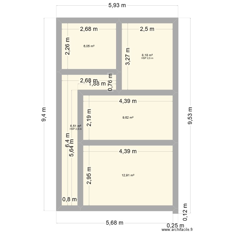 étage mesures ok. Plan de 5 pièces et 43 m2