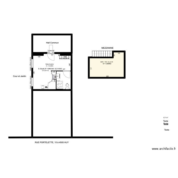 portelette. Plan de 1 pièce et 10 m2