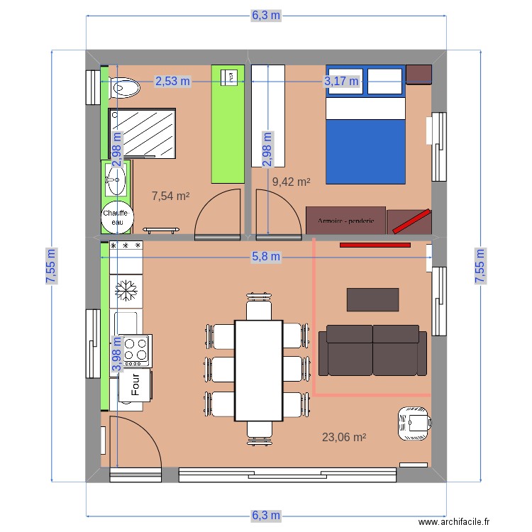 new 1ch 40m2. Plan de 3 pièces et 40 m2