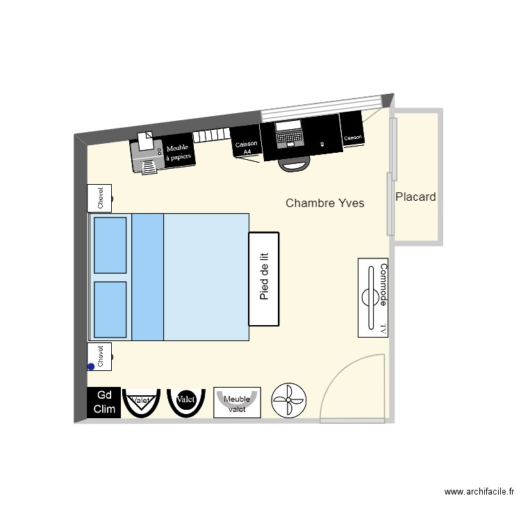 Chambre Yves. Plan de 2 pièces et 15 m2
