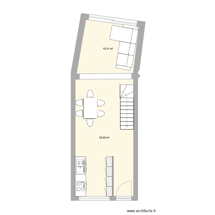 RDC. Plan de 2 pièces et 35 m2