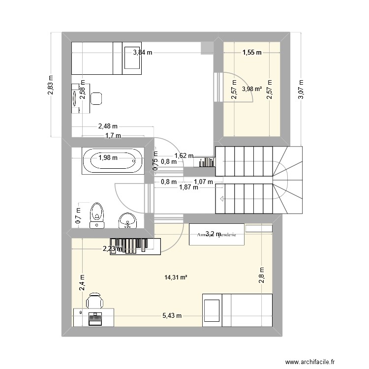R+2. Plan de 2 pièces et 18 m2
