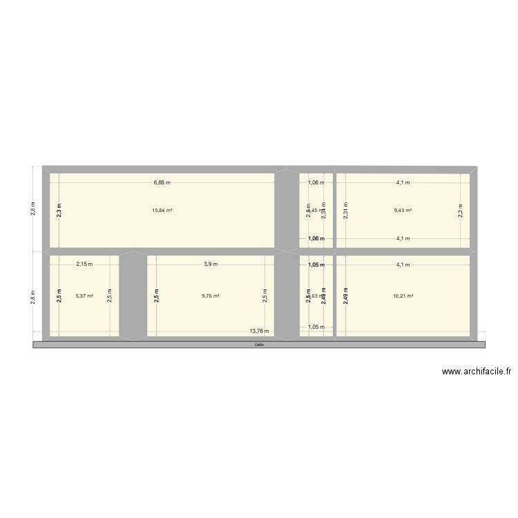 coupe de face. Plan de 7 pièces et 56 m2