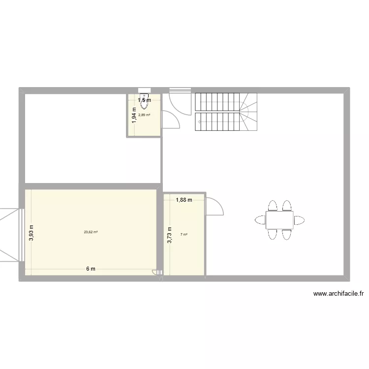 RDC. Plan de 3  et 34 m²