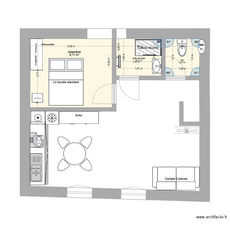 Le Fresne. Plan de 3 pièces et 14 m2
