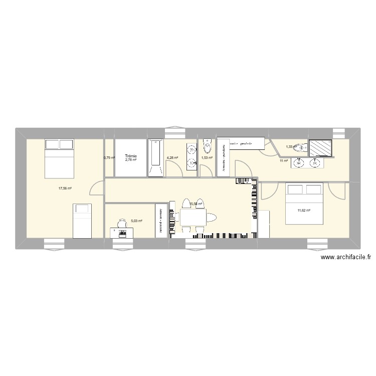 RDC. Plan de 10 pièces et 71 m2