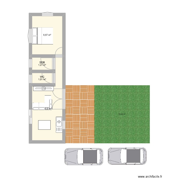 PLAN CONTAINER 1 DEBUT. Plan de 4 pièces et 17 m2
