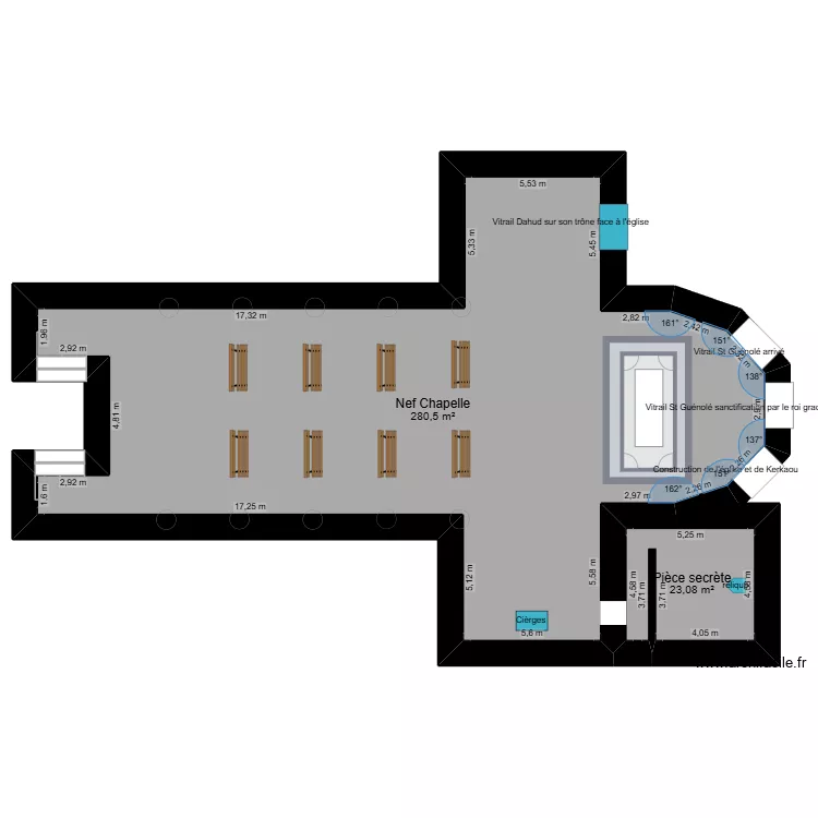Eglise. Plan de 2  et 304 m²