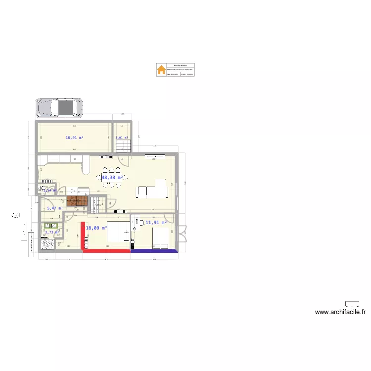 MAISON  LEXTENSION SOTTEVILLE modifi&eacute;. Plan de 15  et 154 m²