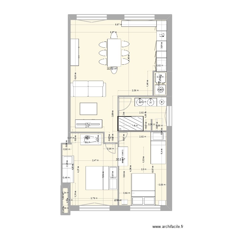 houx. Plan de 3 pièces et 62 m2