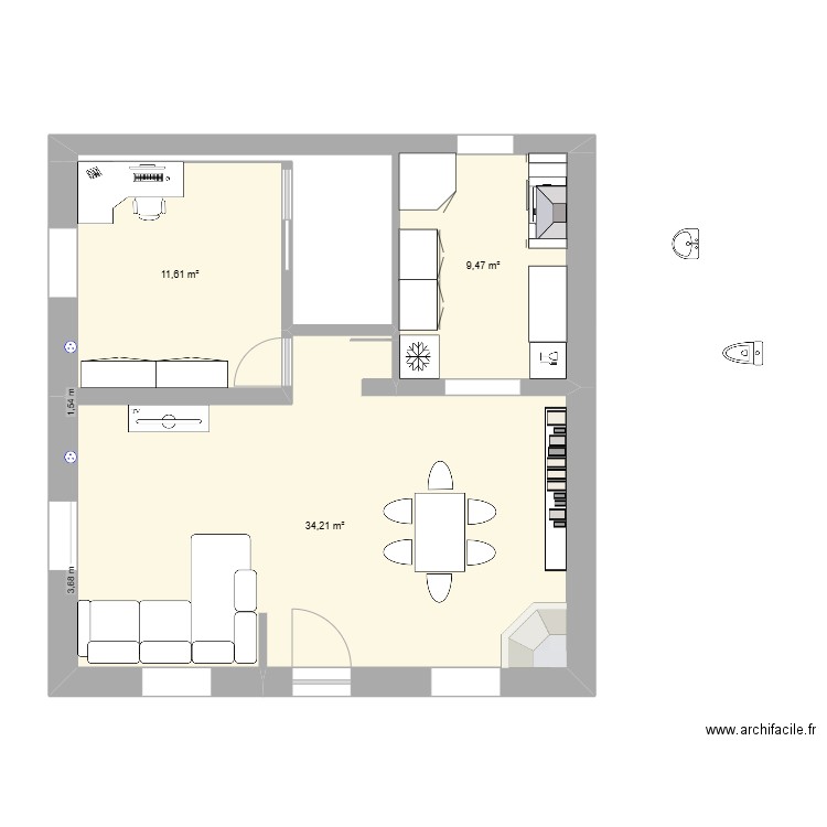 rdc vincent. Plan de 3 pièces et 55 m2