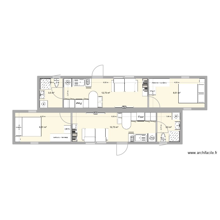 Container 40 feet T2 X2 en 69. Plan de 6 pièces et 50 m2