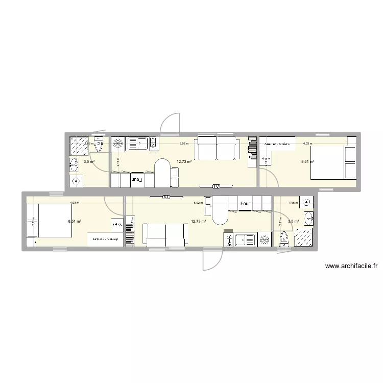 Container 40 feet T2 X2 en 69. Plan de 6 pièces et 50 m²