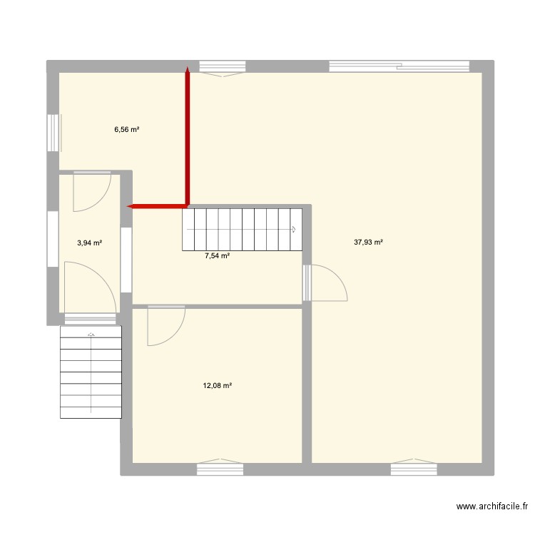 RDC modifié. Plan de 5 pièces et 68 m2