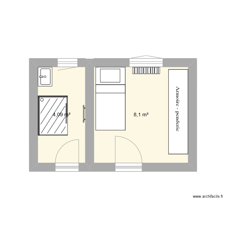 chambre. Plan de 2 pièces et 12 m2