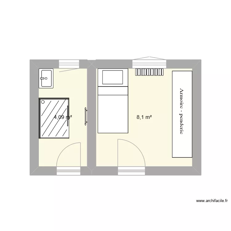 chambre. Plan de 2 pièces et 12 m²