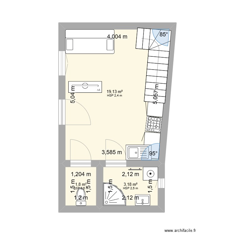 plan studio. Plan de 3 pièces et 24 m2