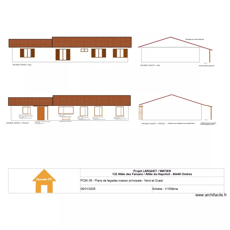 LARQUET/WATIER - Facades Nord et Ouest - d&eacute;tails. Plan de 