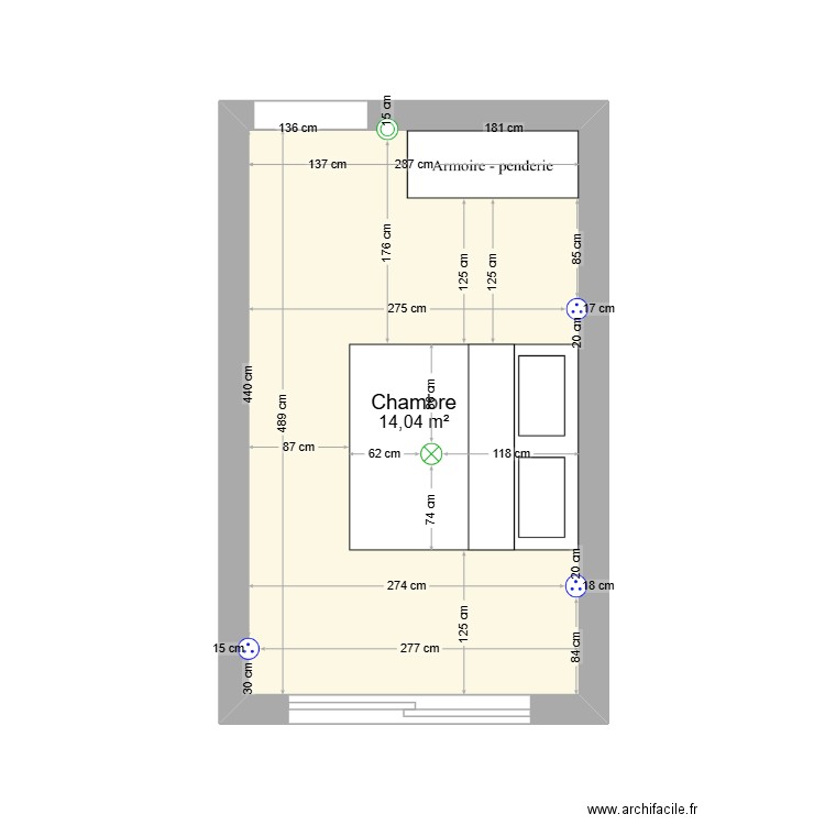 chambre parent. Plan de 1 pièce et 14 m2