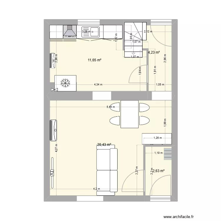 salon cuisine 3. Plan de 4  et 39 m²