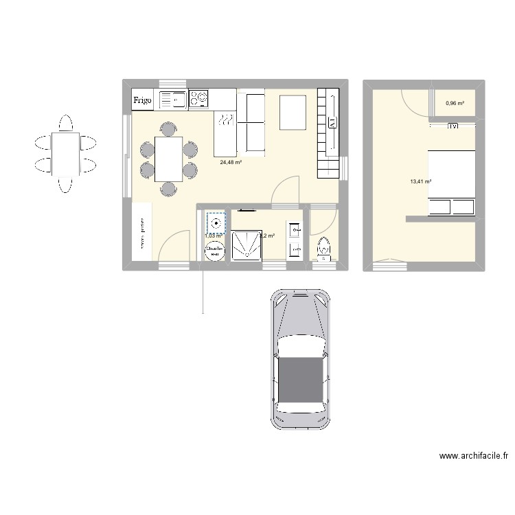 Construction 30m2 au sol 45m2 total. Plan de 5 pièces et 43 m2