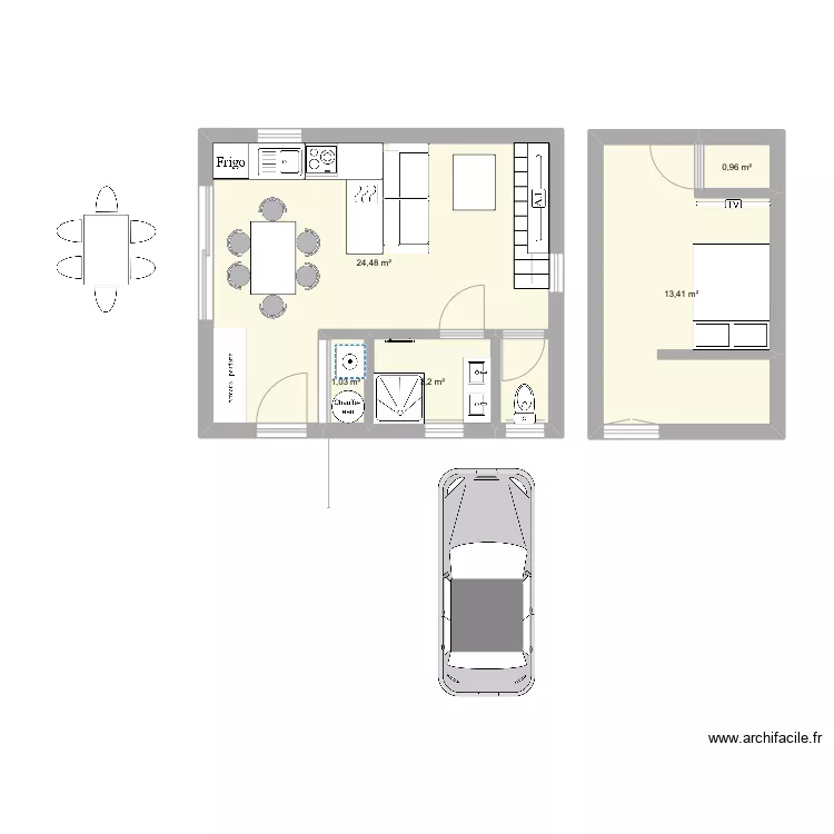 Construction 30m2 au sol 45m2 total. Plan de 
