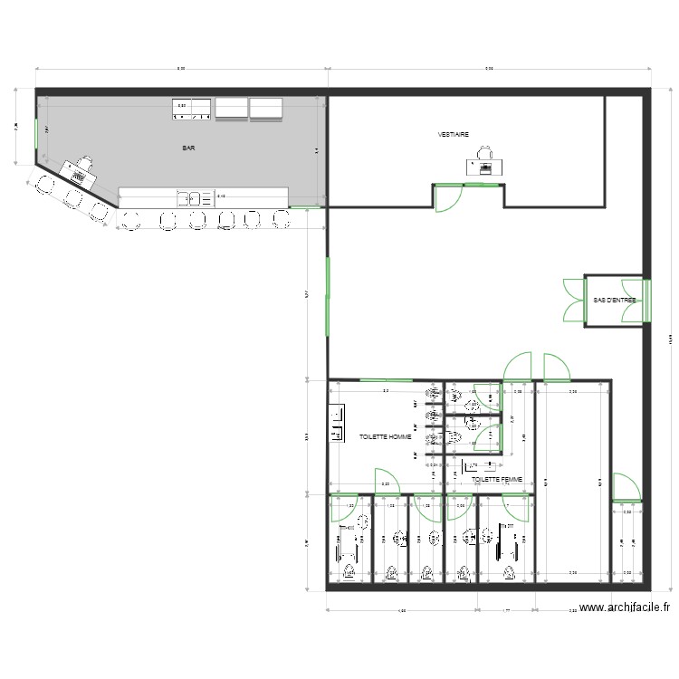 PLAN DE BAR ET WC SALLE. Plan de 14 pièces et 169 m2