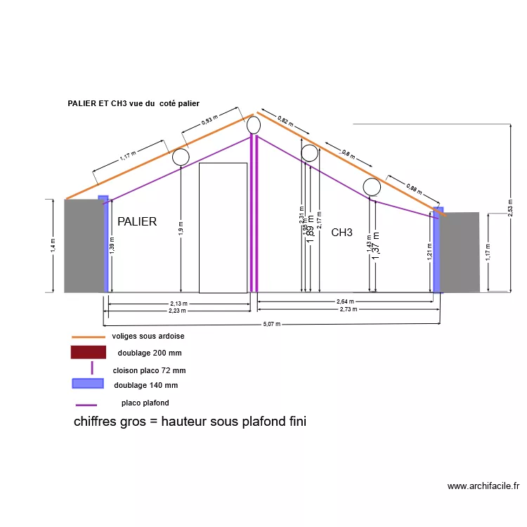 COUPE PLACO PLAFOND CH3 + palier. Plan de 